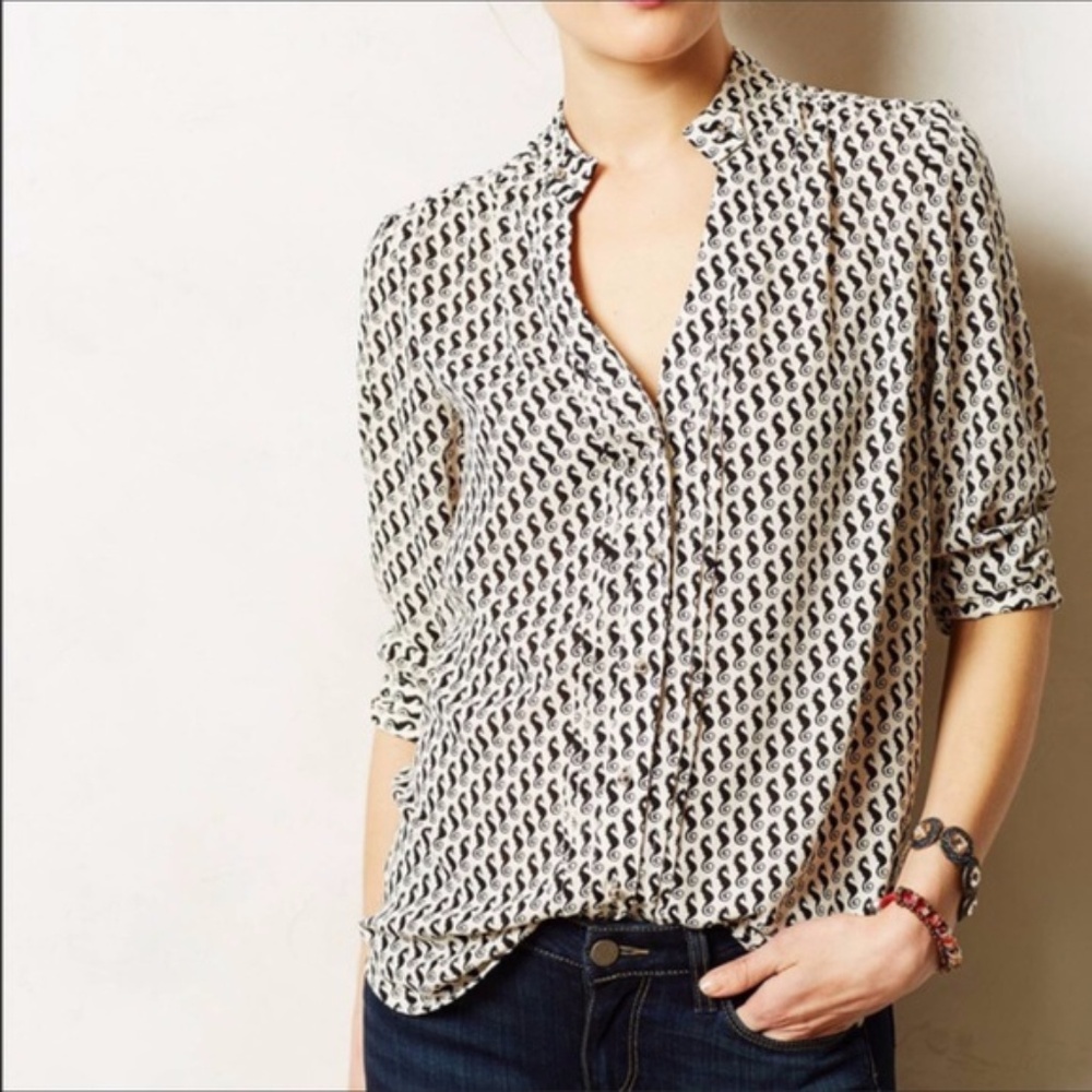 Anthropologie Cream and Black Printed Button-Front Blouse